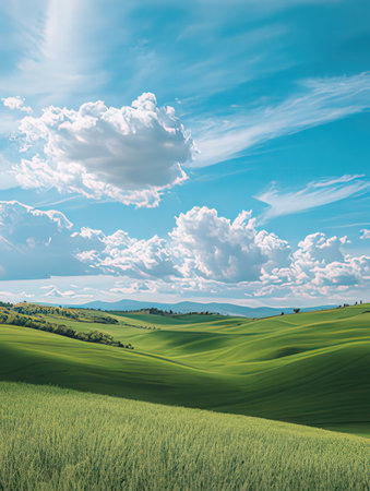 Tuscany landscape with green fields and blue sky. Italy.の素材