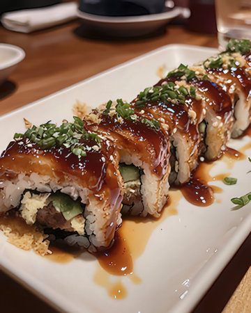 Sushi roll with eel, cucumber and sesame seedsの素材