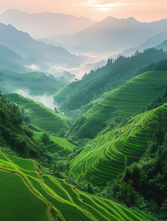 Rice terraces at sunset, Mu Cang Chai, Vietnamの素材