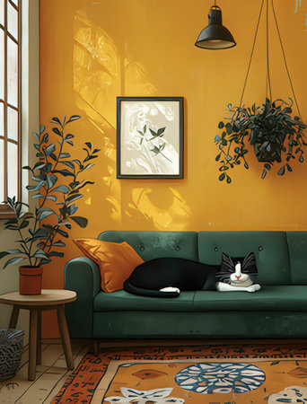 Interior design of living room with green sofa, black cat and plantのeditorial素材