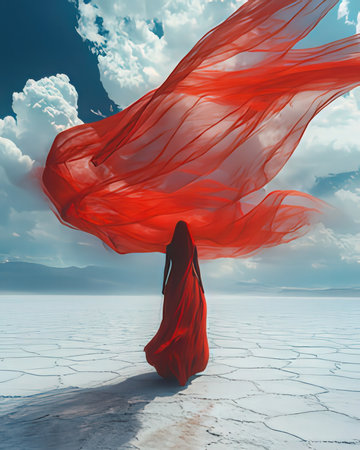 Beautiful woman in a red cloth flying in the air.の素材