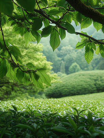 Green leaves in the morning at tea plantation, Chiang Mai, Thailandの素材