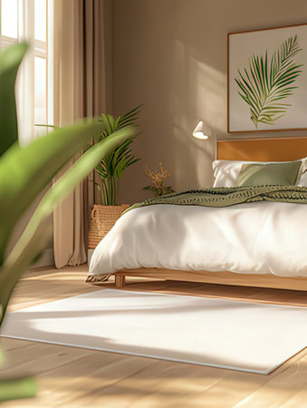 3d render of modern bedroom interior design with bed and tropical plantsの素材