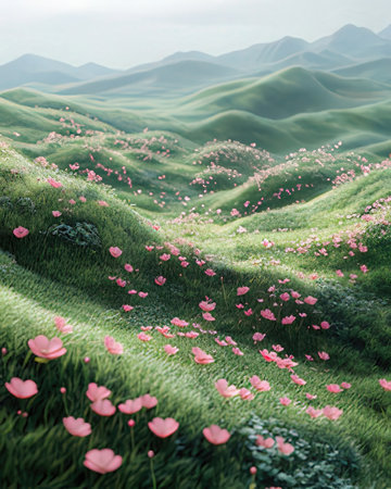 Beautiful meadow with pink flowers,3d rendering. Computer digital drawing.の素材