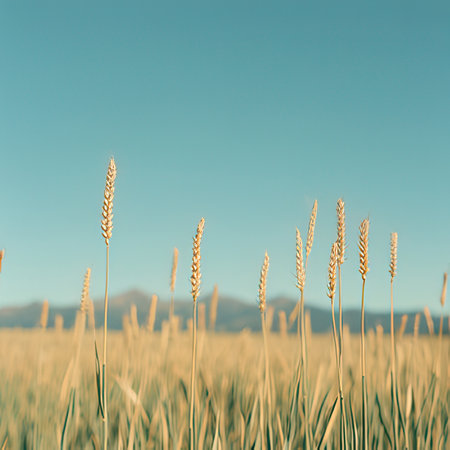 Wheat field with blue sky background. Vintage tone filter effect.の素材