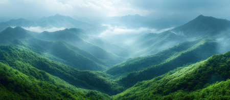 Mountain landscape in the morning mist. Panoramic view.の素材