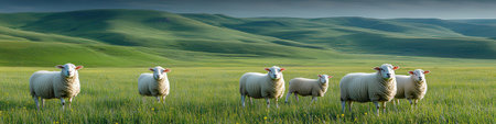 Sheep in a green field. Panoramic image of a flock of sheep.の素材