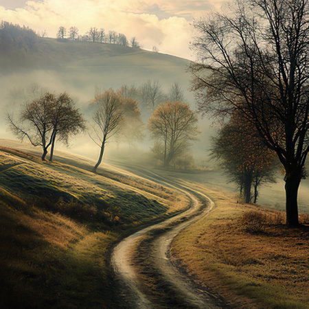 Misty morning in the Carpathian mountains. Ukraine, Europeの素材