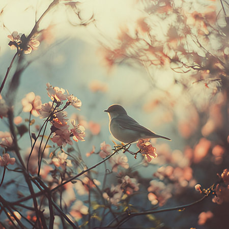 Bird on a branch of a blossoming tree. Spring background.の素材