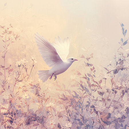 Seagull flying on the background of wild flowers.の素材