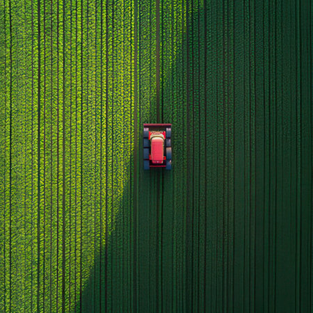 Tractor with harvester on the field. Aerial view.の素材
