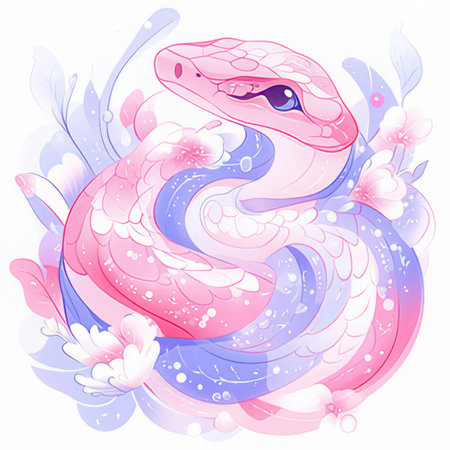 Cute cartoon snake with floral ornament on white background. Vector illustration.の素材
