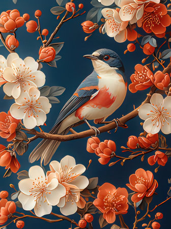 Seamless pattern with a bird on a branch of blossoming sakuraの素材
