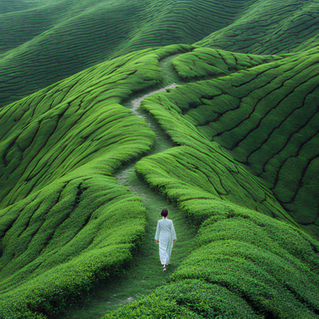 Young businessman walking on green tea plantation in the Cameron Highlands, Malaysiaの素材