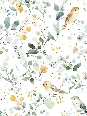 Seamless pattern with watercolor flowers and birds on white backgroundの素材
