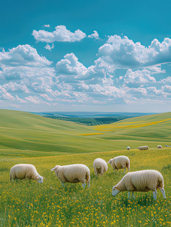 Sheep grazing in a green meadow in Tuscany, Italyの素材