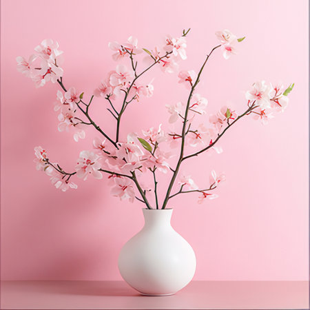 Flowering branch of sakura in a vase on a pink backgroundの素材