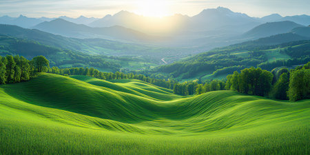 Beautiful summer landscape. Green meadow and mountains in the background.の素材