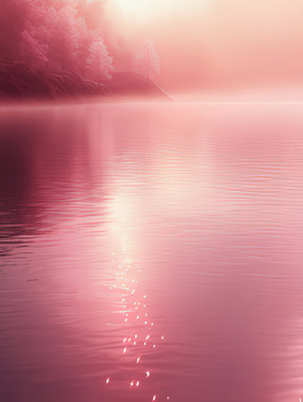 Sunset on the lake in the forest. Beautiful nature background.の素材