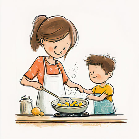 Mother and son cooking together in the kitchen, sketch vector illustration.の素材
