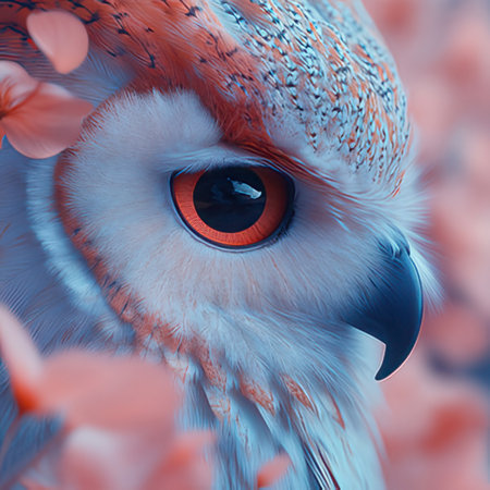 Beautiful owl with pink flowers in the background. 3d renderingの素材