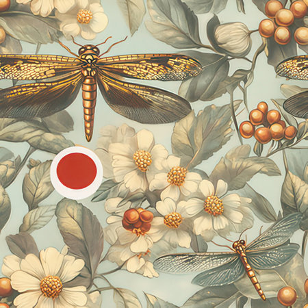 Seamless pattern with dragonflies, flowers and leaves. Vintage style.の素材