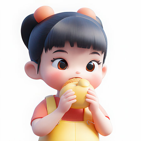 Cute asian girl eating. 3d rendering.の素材