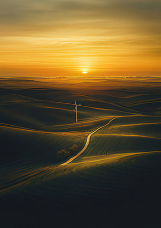 Aerial view of wind turbines in the sand dunes at sunsetの素材