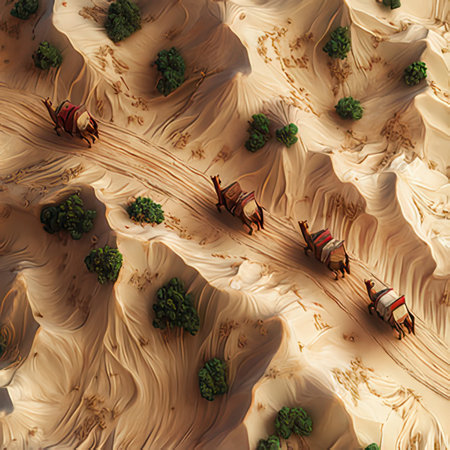3d illustration of desert landscape with camels and sand dunesの素材