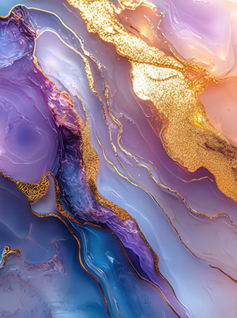 Abstract background of blue, purple and gold paint. Liquid marble pattern.の素材