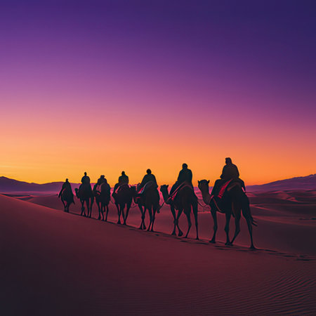 Silhouettes of people on camels in the desert at sunsetの素材