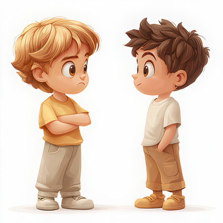 Two boys looking at each other on a white background. Vector illustration.の素材
