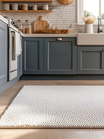 Interior of modern kitchen with wooden floor and white countertop. 3d renderingの素材