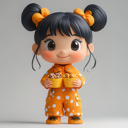 Cute little girl in orange polka dot jumpsuit holding bowl of food. 3d renderingの素材