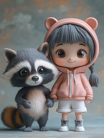 Cute little girl and raccoon. 3d render illustration.の素材