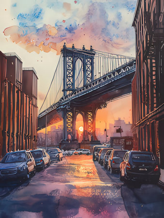 Manhattan Bridge in New York City, USA. Watercolor painting.の素材