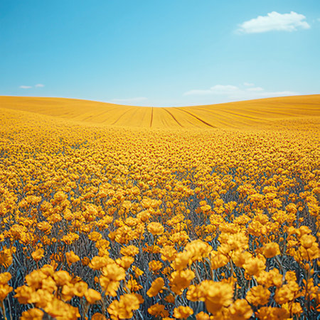 Agricultural field of yellow tulips. Photo in old color image styleの素材