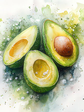 Fresh avocado with watercolor splashes on white background. Watercolor illustrationの素材