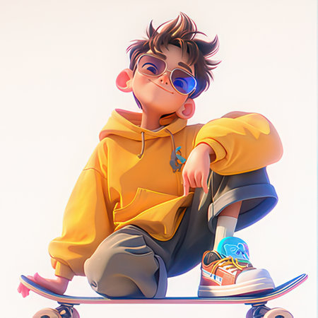 Boy with skateboard. 3D illustration. 3D rendering.の素材