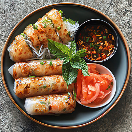 Tasty spring rolls with vegetables and sauce on plate, top viewの素材