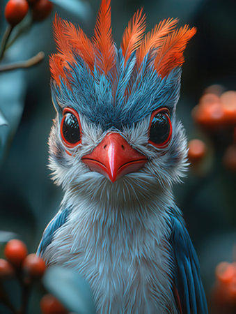 Cute bird with red eyes on a background of red berries.の素材