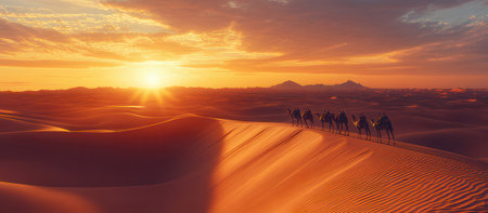 3d rendering of camel caravan in the Sahara desert at sunset timeの素材