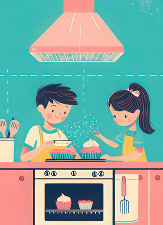 Cute couple cooking cakes in the kitchen. Vector illustration in retro style.の素材