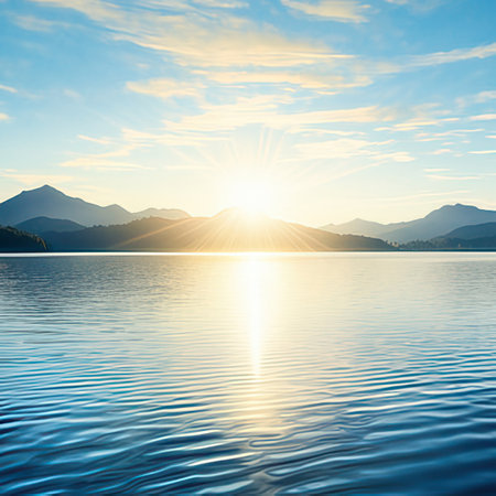 Beautiful sunset on the lake. Landscape with mountains and skyの素材