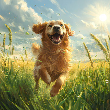Golden Retriever running in the field on a sunny day.の素材