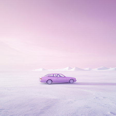 Purple car in the snowy desert. 3d rendering. Computer digital drawing.の素材