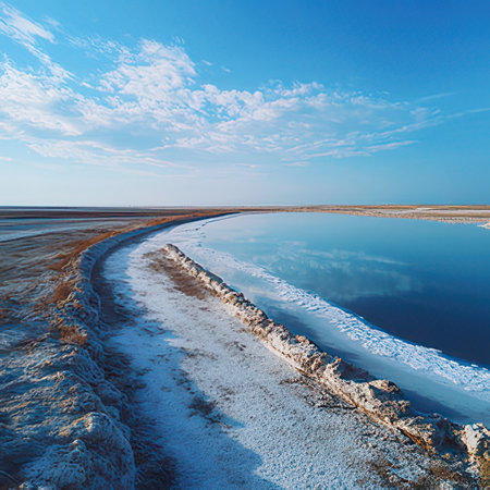 Frozen lake and blue sky with clouds. Beautiful winter landscape.の素材