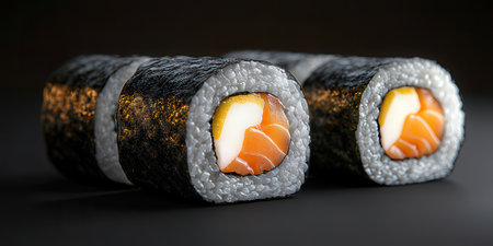 Sushi roll with salmon on a black background. Japanese food.の素材