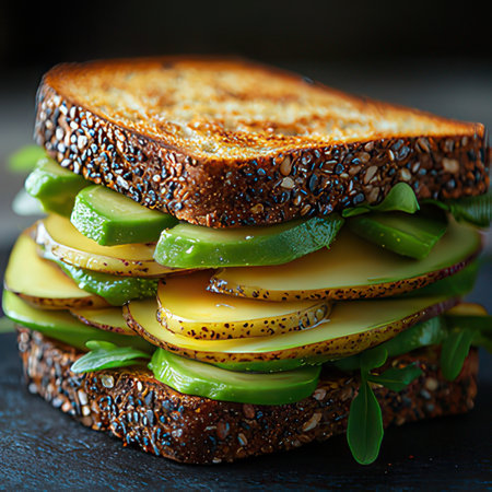 sandwich with avocado and cheese on a dark background. tinting. selective focusの素材