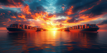 Containers in the sea at sunset, 3d render illustration.の素材